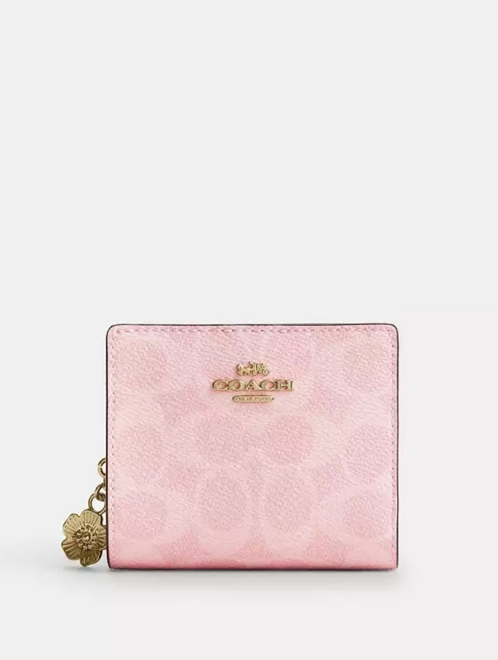 Coach Snap Wallet In Signature Canvas Tea Rose Charm Powder Pink Gold Hardware
